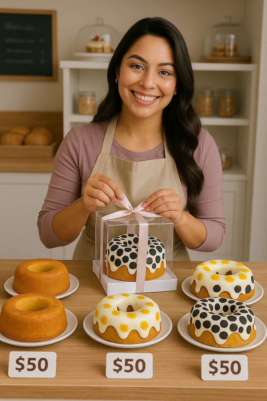 Mulher com múltiplos bolos decorados com preços de $50